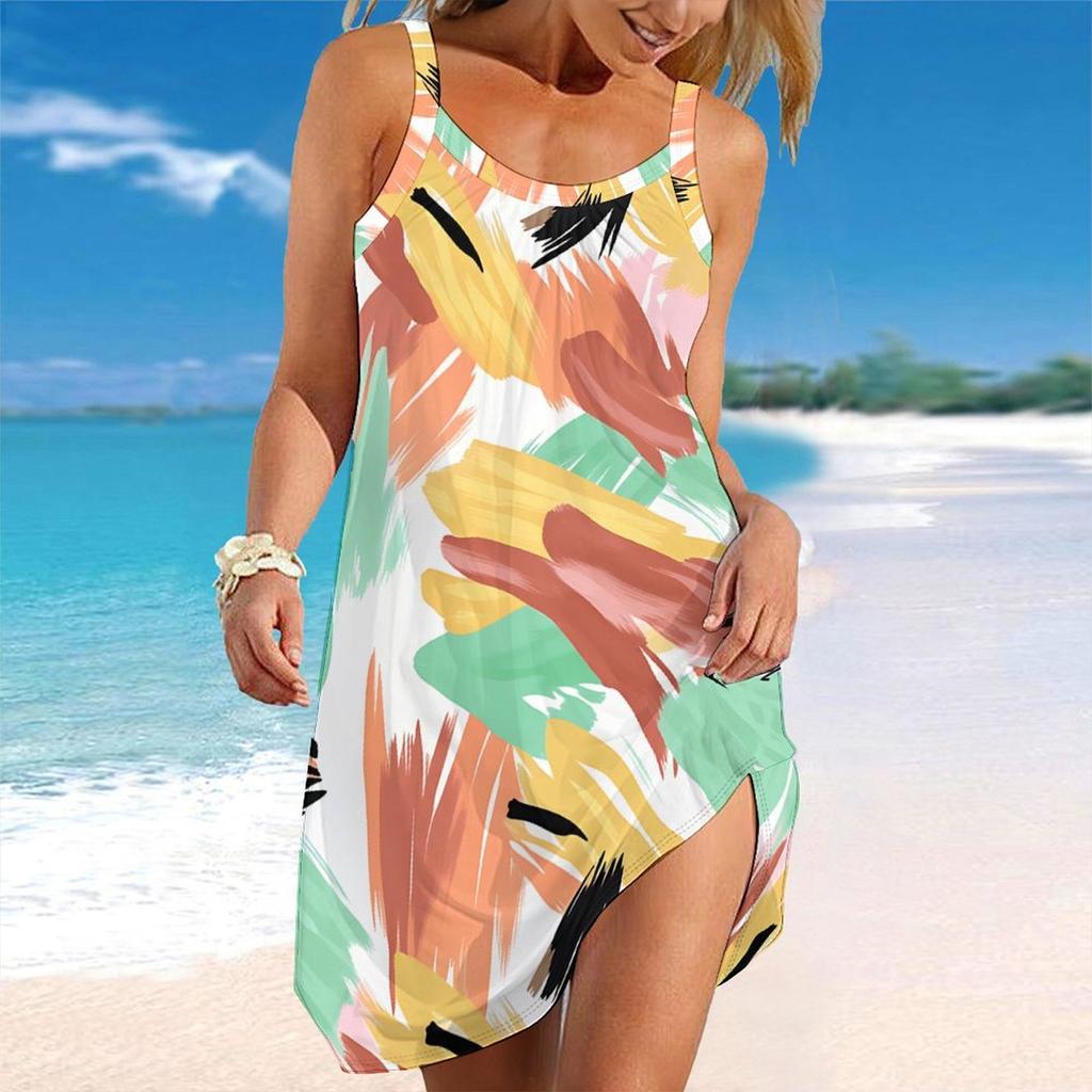 Damen Übergröße Ärmellos Rundhals Strandkleid Lebendiger Tropischer Pflanzenblumen-Print Unregelmäßiger Saum Locker Sommerkleid