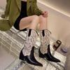 New Embroidery Women Western Cowboy Boots Slip On Thick Heels Knight Long Booties Retro Style Autumn Winter Female Shoes