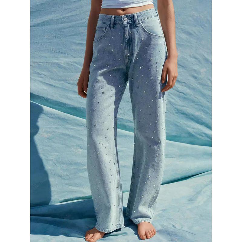 Za2025 Autumn New Women clothes Versatile Slimming Water Diamond Decorations High Waist Arc Fashion Jeans 3607011