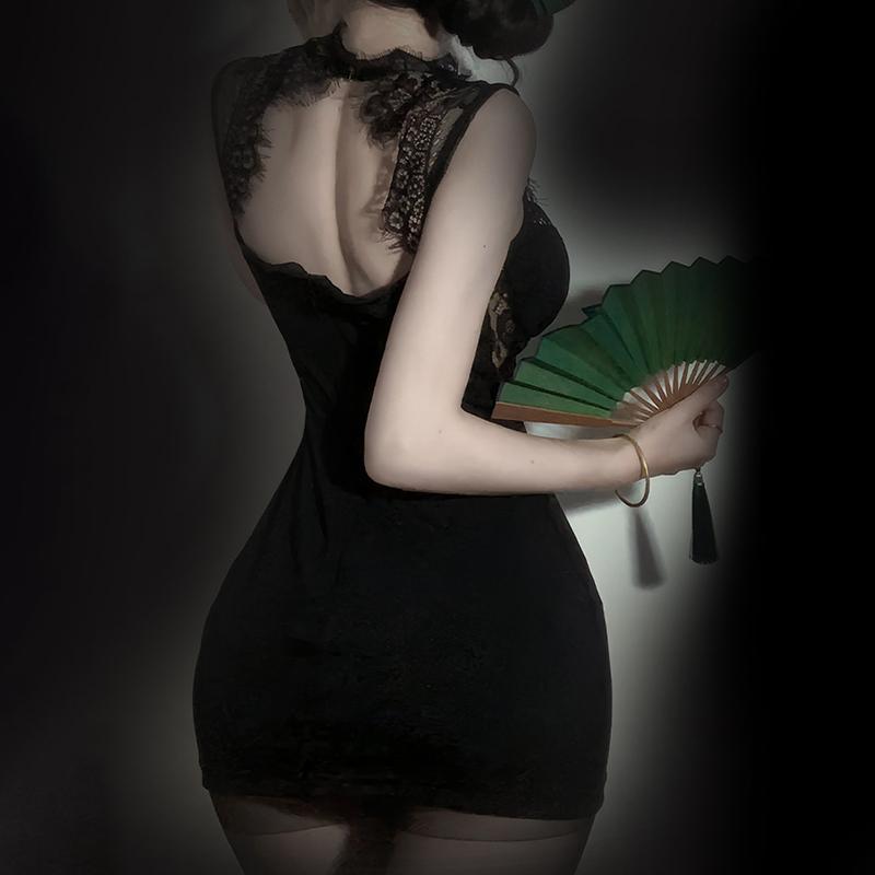 2025 New Sheer Bodycon Skirt Black Sexy Lace-Trimmed Mesh Nightdress Strappy Padded Home Sleep Dress