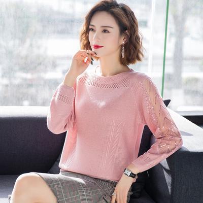 Spring and Autumn Short Lace Sweater Women's Hollow Splicing Knitted Sweater Loose Large Long Sleeve Round Neck Top