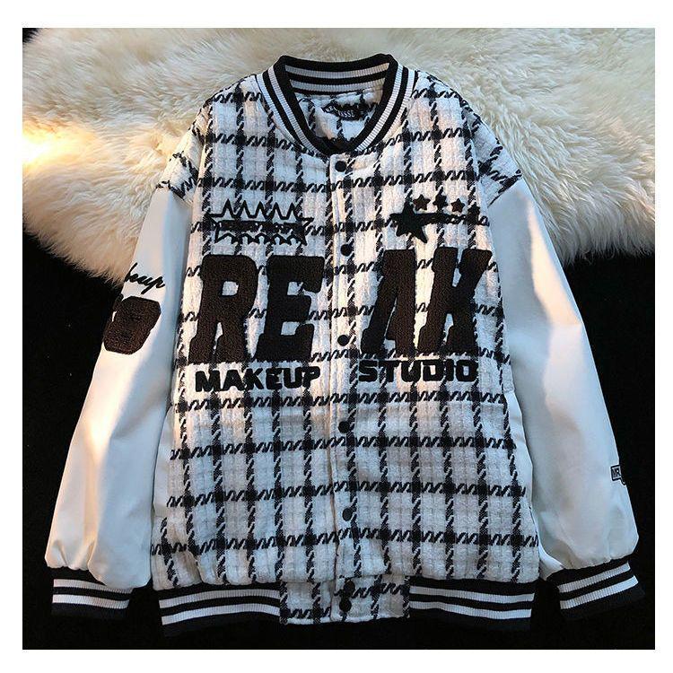 

Men s Retro Plaid Baseball Jacket: Thickened Velvet, Loose Fit, Hip Hop Style for Autumn/Winter with Embroidery. 3XL (170-185 jin)