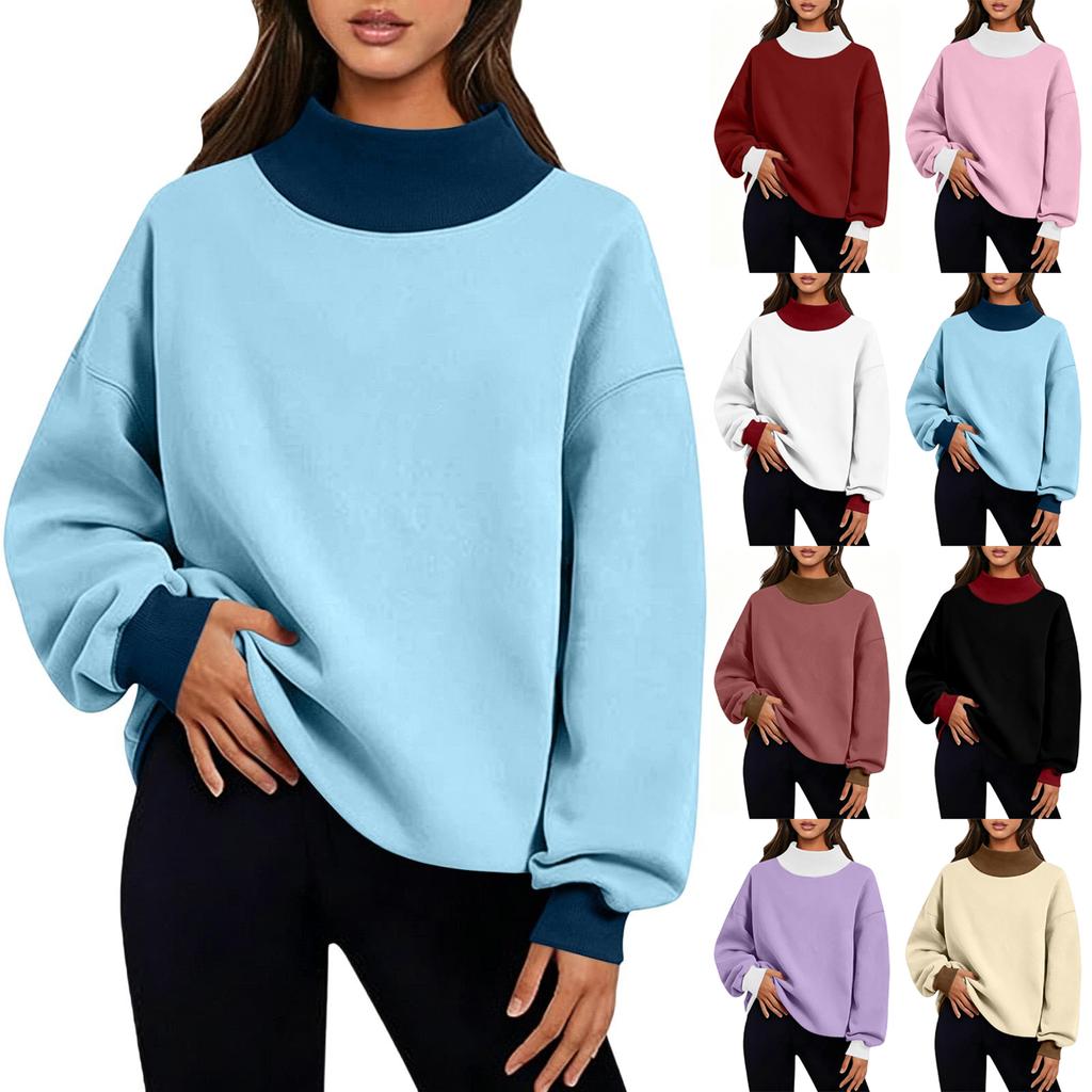 Women's Fashion Color Block Neck Long Sleeve Sweatshirt Casual Pullover Top