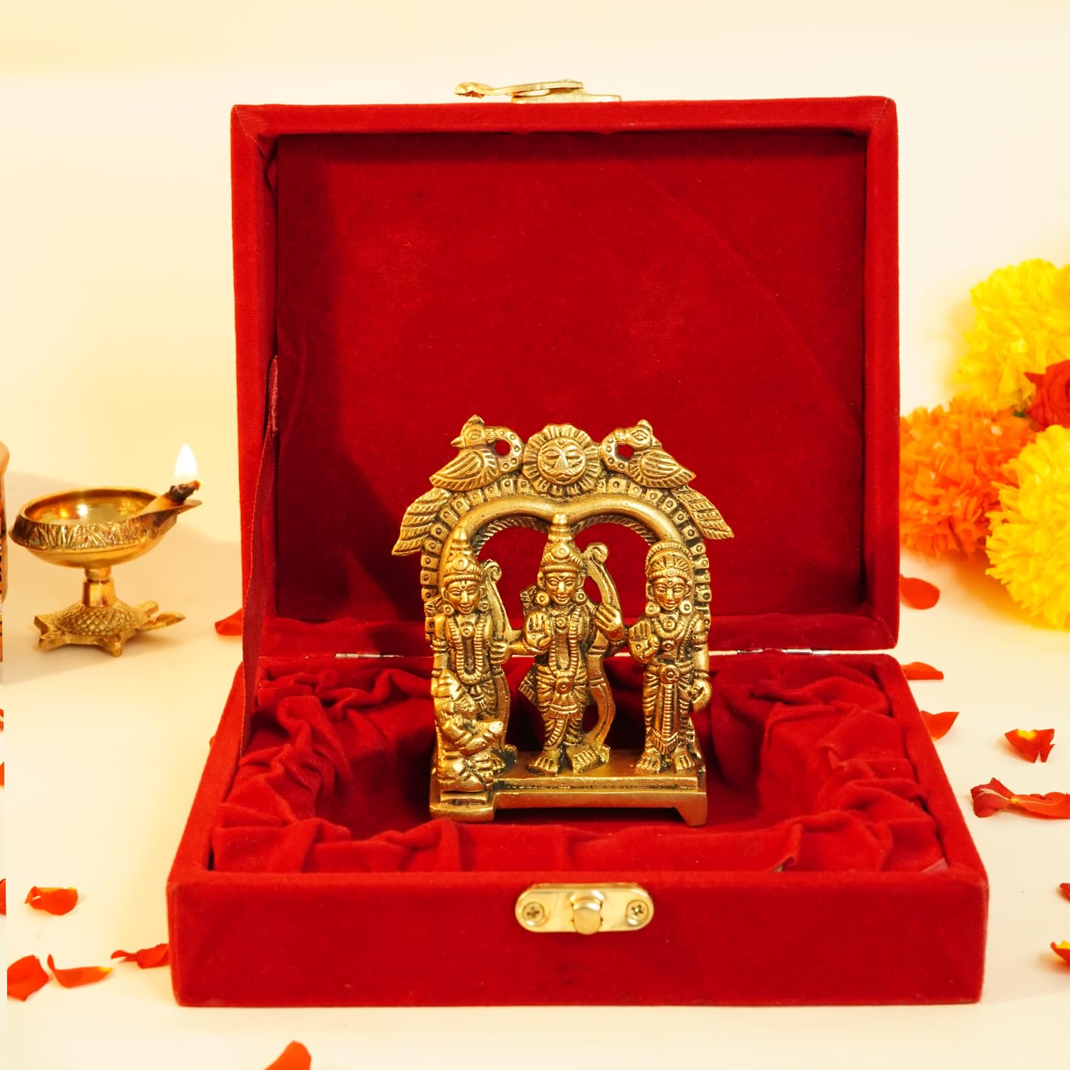 

100% Pure Brass Ram Darbar Murti In Luxury Red Velvet Gift Box God Idols, Gold
