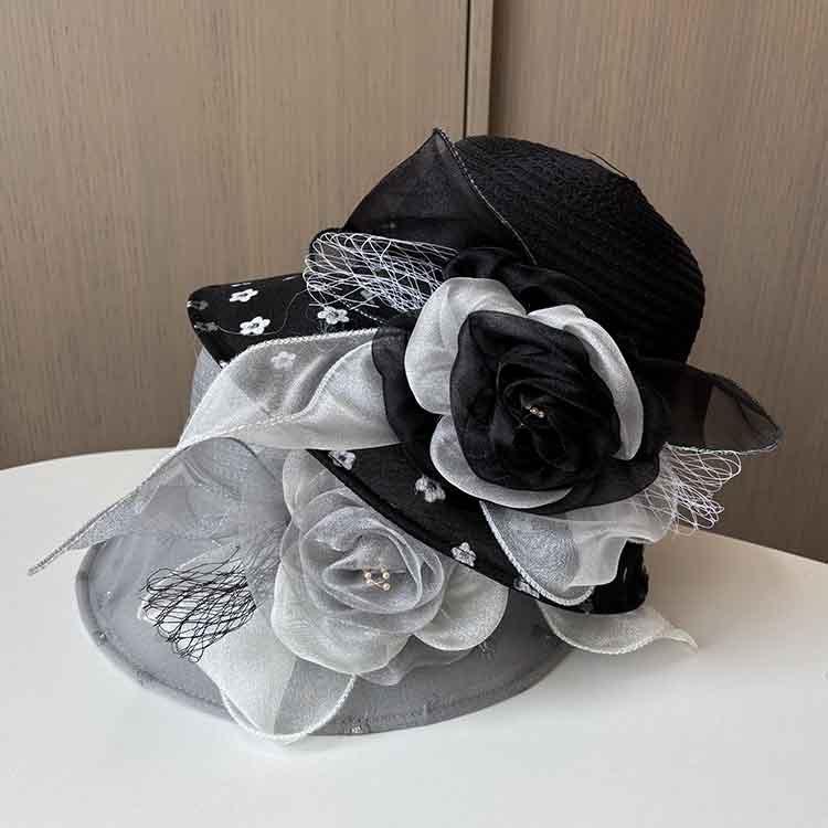 European and American retro organza small edge basin hat fashionable two-color flower mesh sun hat summer beach sun protection hat