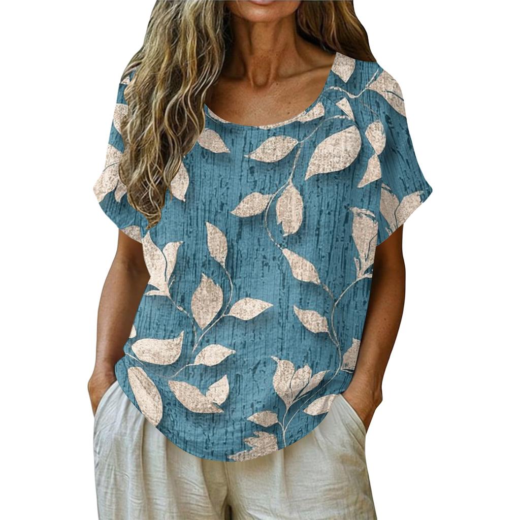 Women's Retro Print Round Neck Short Sleeve T-Shirt - Cotton Linen Tee, Casual Summer Top, Soft and Breathable, S-XXL