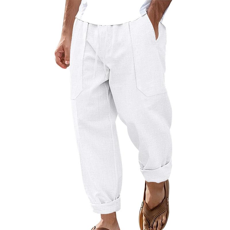 Men's cotton linen plus size trousers breathable sweat solid colour trousers basic paragraph casual wide-legged trousers man
