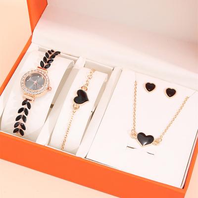 5 STÜCKE Luxus Personalisierte Diamanten mit Diamanten Armband Stil Quarzuhr Herzförmige Mädchen Anhänger Halskette Armband Earnail Schmuck Set