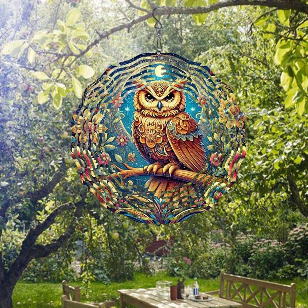1pc Metal Mandala Wind Chime with Owl & Floral Night Design - All-Season Outdoor/Indoor Hanging Decor for Gardenift