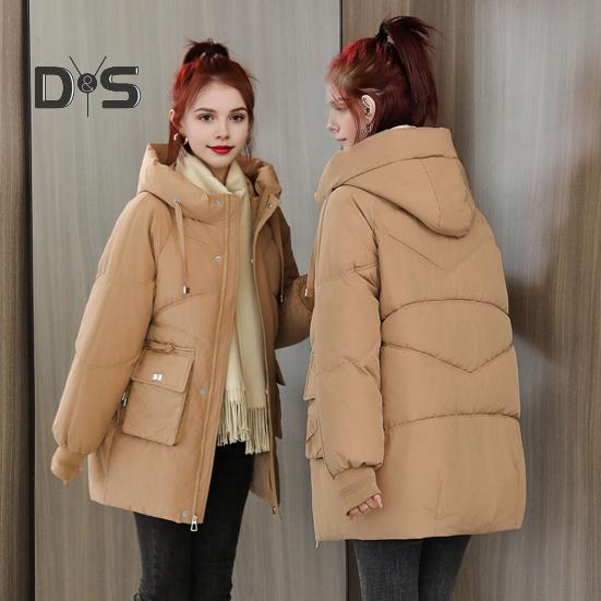 Winter Down Coat Thickened Padded Hooded Pockets Zipper Closure Drawstring Mid Length Windproof Heat Retention Daily Cold Weather Outwear Cotton