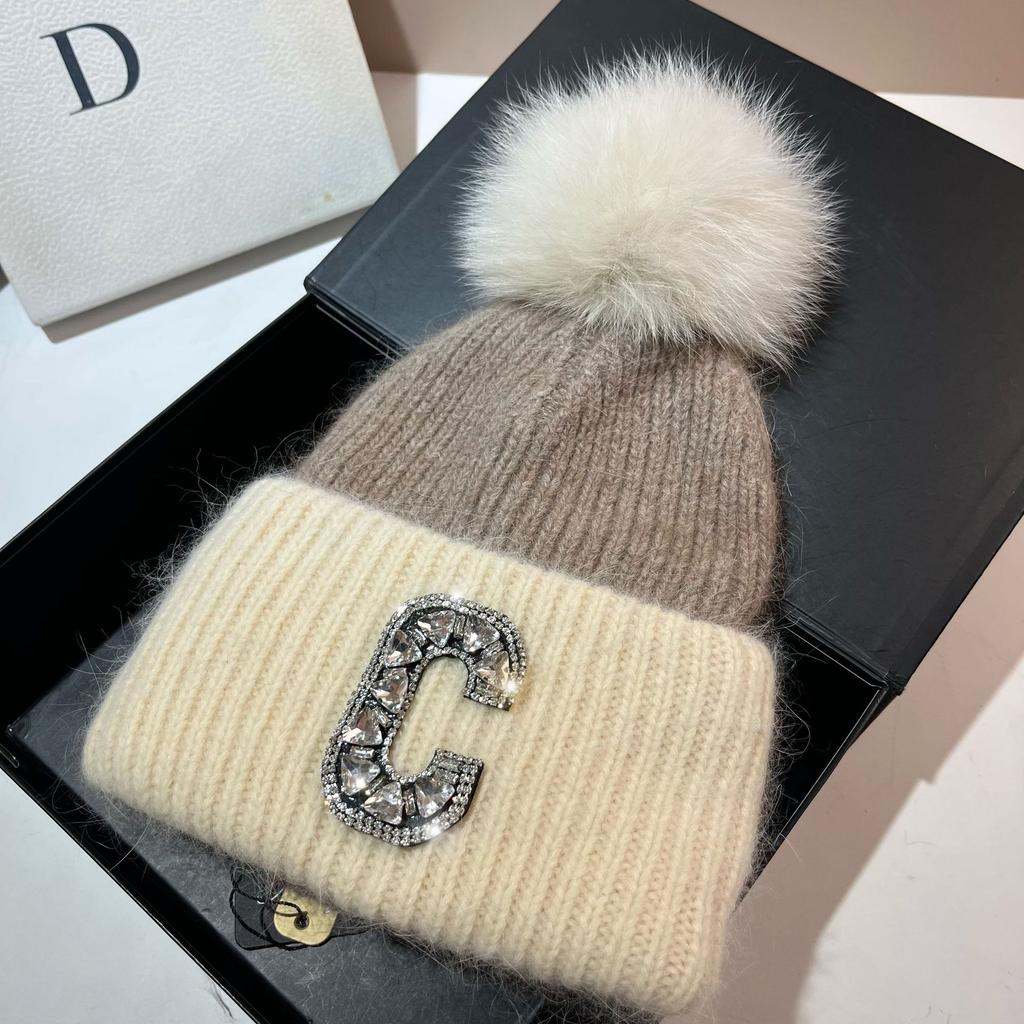 C Russian Winter Outdoor Thickened Double-Layer Warm Rabbit Fur Knitted Hat Northern Cold Fox Hairball Ear Protection Hat