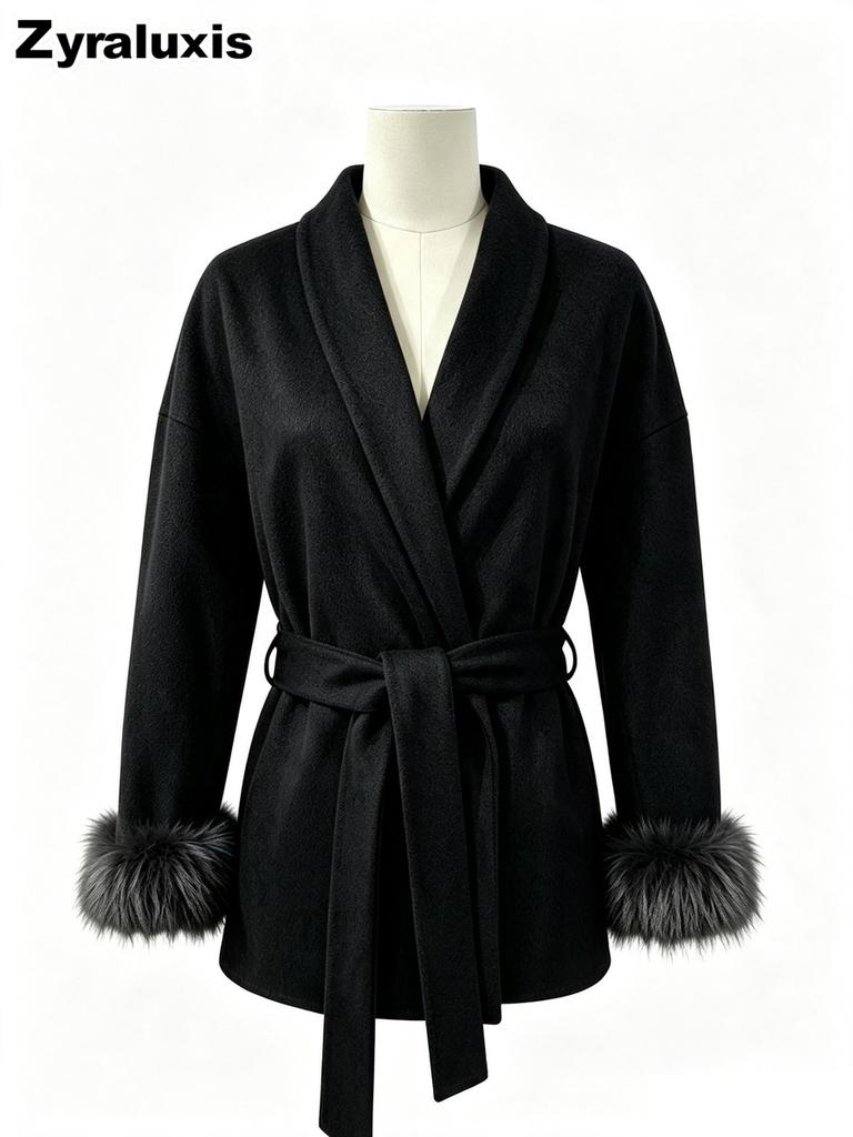 Fall French Wool Coat Short Jacket Women Fluffy Sleeve V-Neck Tie Waist Solid Color