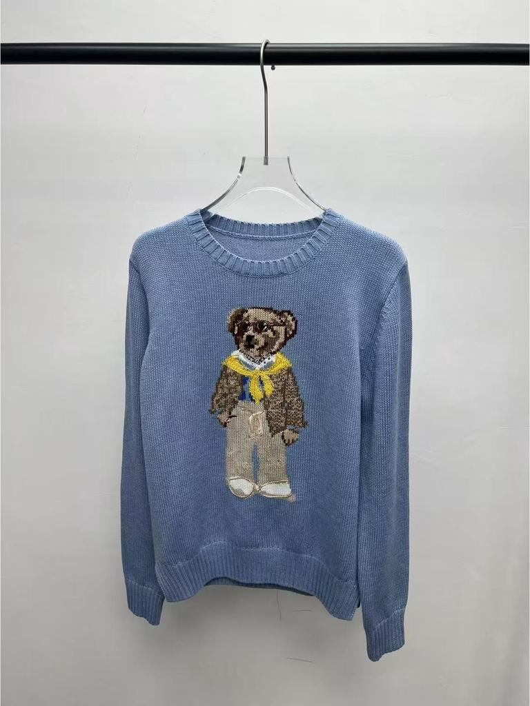 2025 R.L Wool Blend Cartoon Bear Round Neck Sweater - Women's Autumn/Winter Versatile Embroidered Style