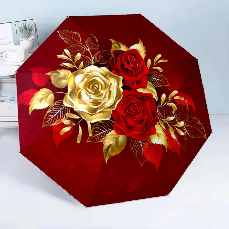 Golden Rose Wreath Design 8-Frame for Travel, Camping, Casual Lightweight Portable Umbrella, Essential for Every Family Holidays Birthday Gift
