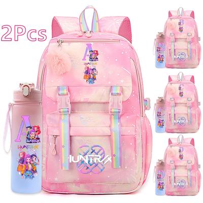 2 Stück/Set Ainme K-Pop Demon Hunters Rucksack mit englischem Buchstabenaufdruck mit Wasserflaschenhalter für Teenager Mädchen Jungen Schultasche Reisetasche