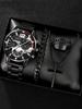Fashion Men'S Steel Belt Casual Business Calendar Quartz Watch Ring Cross Necklace Bracelet Set