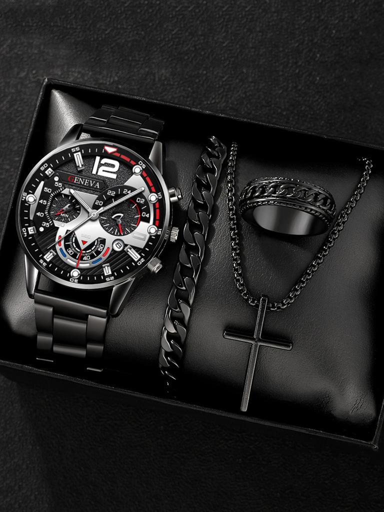 Fashion Men'S Steel Belt Casual Business Calendar Quartz Watch Ring Cross Necklace Bracelet Set