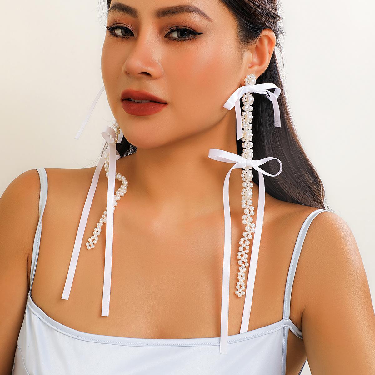 

Elegant Long Tassel Ribbon Bowknot Pendant Drop Earrings for Women Wedding Kpop Goth Imitation Pearl Bow Earring Banquet Jewelry