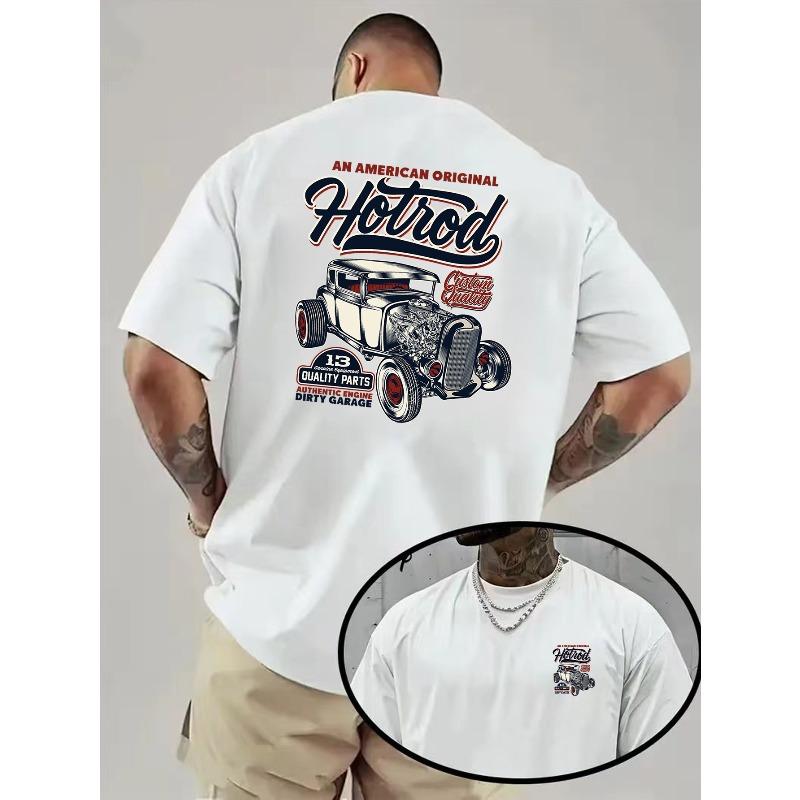 American Vintage Hotrod Car Print Men's T-Shirt, Loose Fit, Trendy,Summer Top, Comfortable And Skin-Friendly, All Seasons, Men'S Casual Outdoor Wear