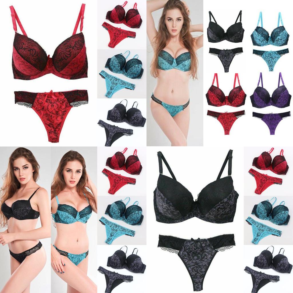 Flower Lace Womens Padded Bra Plunge Set Ladies Underwear Panties Sets Up Push