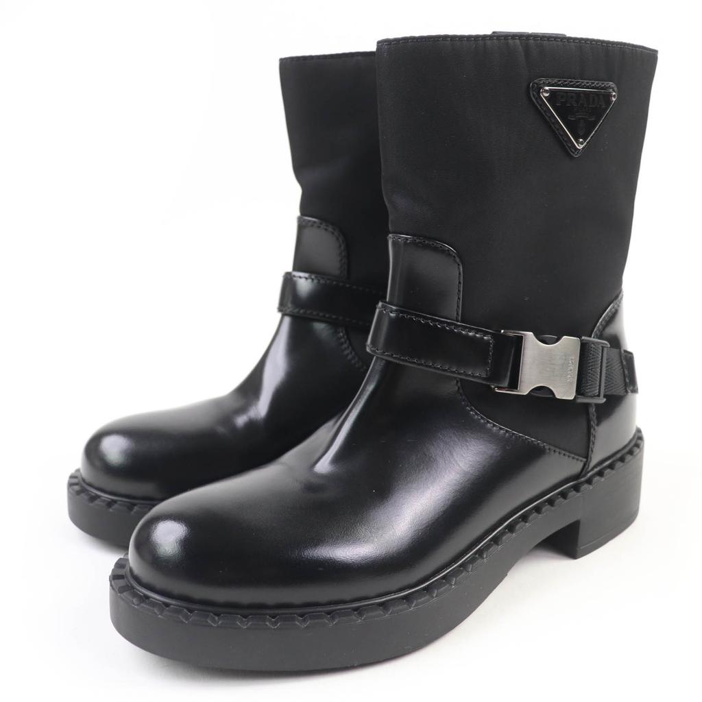 Excellent PRADA short boots Triangle logo Re-Nylon leather black leather Women 35.5 1U682M Used
