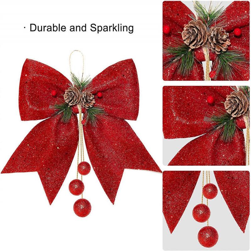 4pcs Christmas Bow, Wreaths Bows, Large Glitter Ribbon Bow Tie, Large Xmas Bows, Wreath Ornament Decor for Christmas Tree Party Gift, 9.8 x 11.8