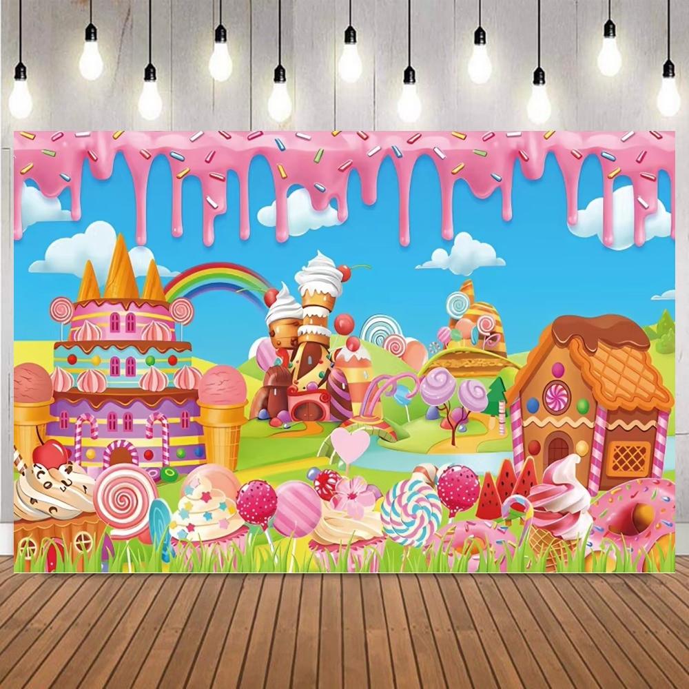 Sweet candy ground photo background, colorful lollipops, donuts, cake ice cream, children birthday party photography background