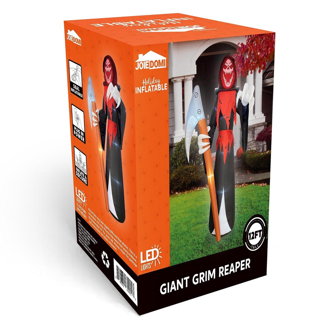 Joyfy 12 FT Halloween Giant Grim Reaper Inflatable with Built-in LEDs Grim Reaper with Scythe for Halloween Decorations Outdoor