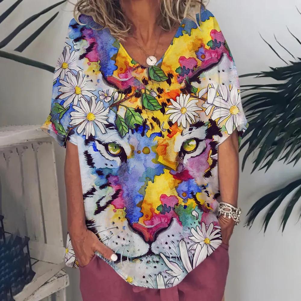 Ρούχα Γυναικεία με Λαιμόκοψη V Oversized Ρούχα Γυναικεία Κοντομάνικα Καλοκαίρι Ρετρό Μπλουζάκι Μόδες Βιολιά Μπλουζάκι με Εκτύπωση Streetwear