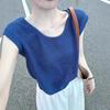Damen High-End Eis-Seide Blau Strick U-Ausschnitt Kurzarm T-Shirt - Sommer 2025 Kollektion