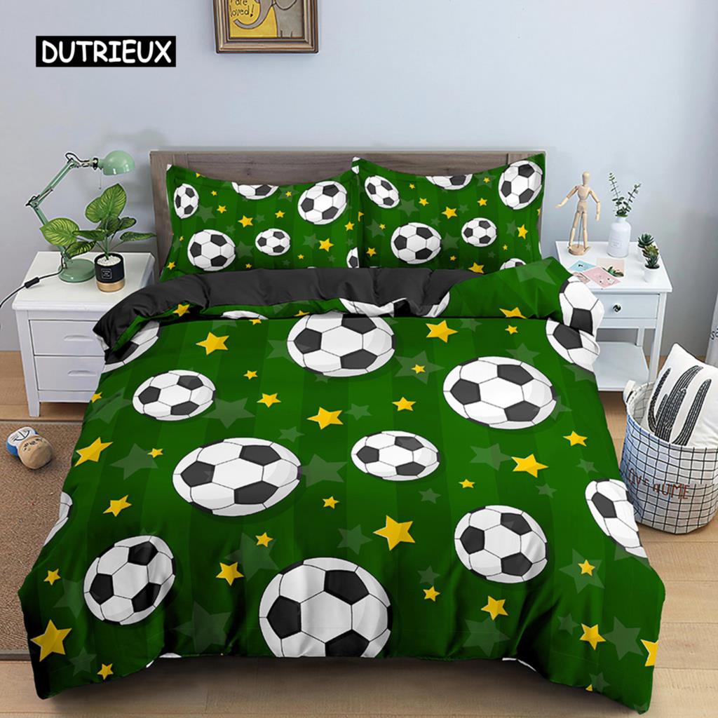Set de cuvertură de pilota fotbal Set de lenjerie de pat fotbal pentru băiat, adolescent, din microfibră, cu tema sportivă, husă de cuvertură, model de minge de fotbal, husă de pilota