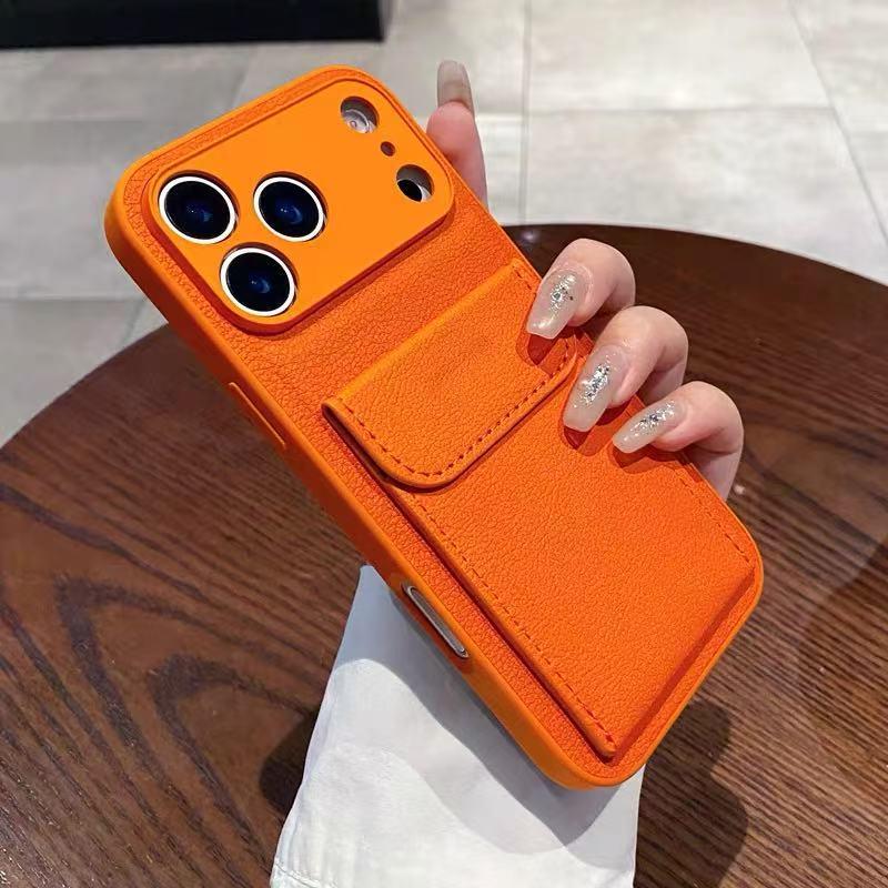 

iPhone 17 Pro Max Leather Case, Lychee Texture with Card Holder and Stand, Drop-Proof, Compatible with Apple 16 Cross-Border Technology 13 Pro Max помаранчевий
