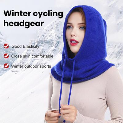 Strickmütze Schal Kombi Einfarbig Verstellbarer Kordelzug Kapuzenschal Damen Winter Warm Winddicht Elastisch Thermomütze