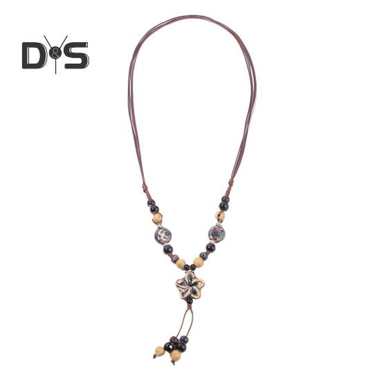 

Винтажное ожерелье из бисера в стиле бохо из керамики, плетеная веревка, длинное Y-образное ожерелье ручной работы, ретро-ювелирные изделия, подарок для женщин темные хаки