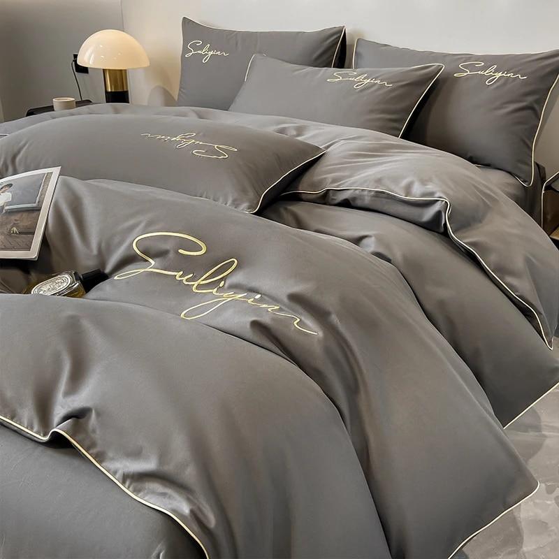 Luxury Embroidery Bedding Set Egyptian Cotton 400TC Duvet Cover Flat Fittedsheet Single Double Queen King Quilt Cover Pillowcase
