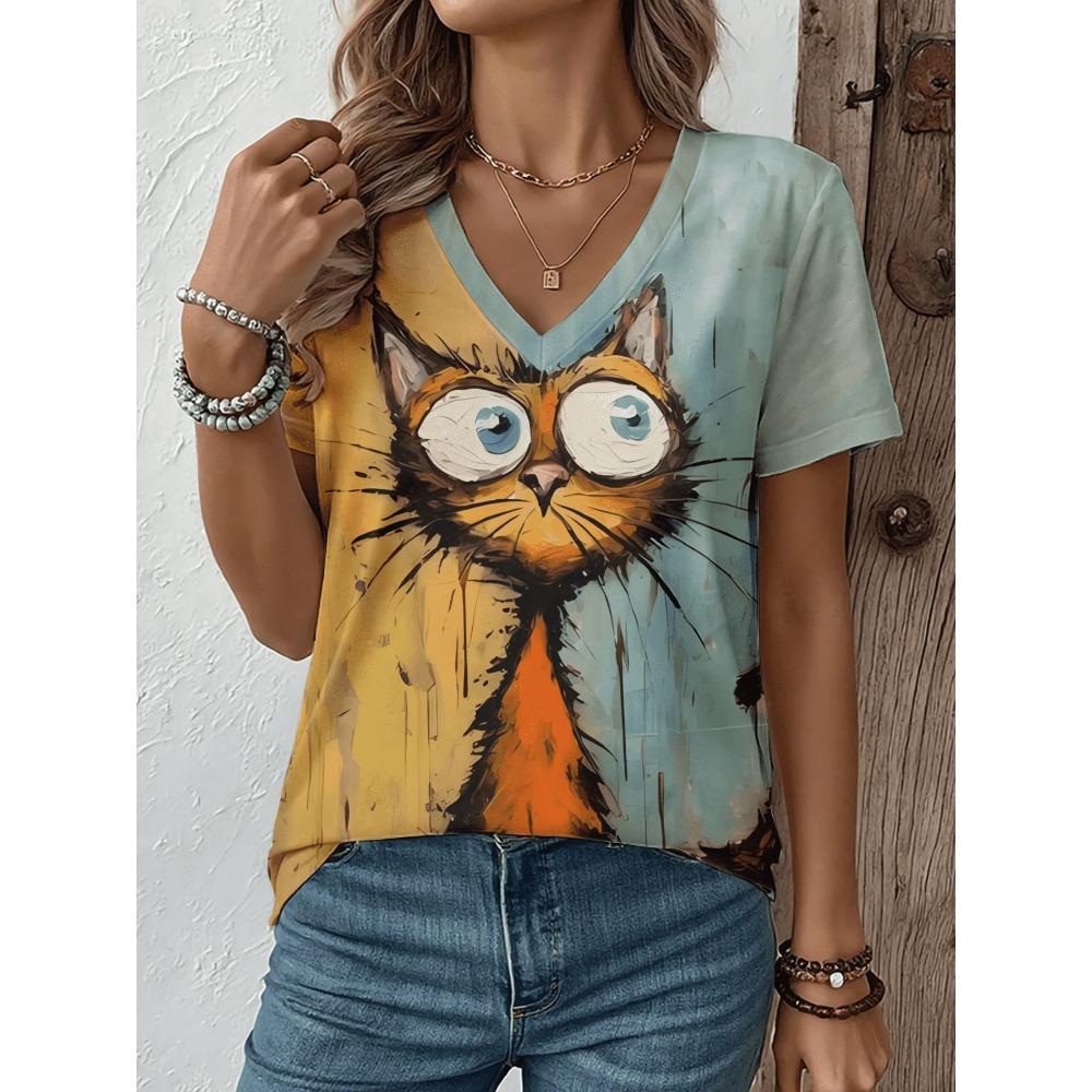 Women's V-neck short sleeved T-shirt cartoon cat print T-shirt