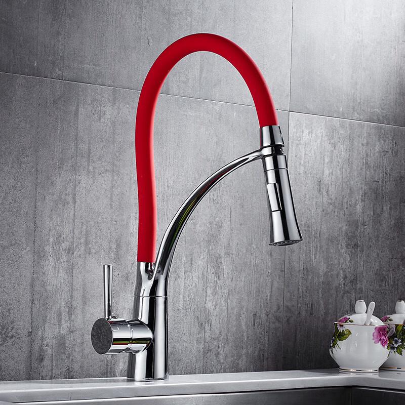 

TLXT Kitchen Wall-Mounted Hot & Cold Faucet with Flexible Red Silicone Spout
