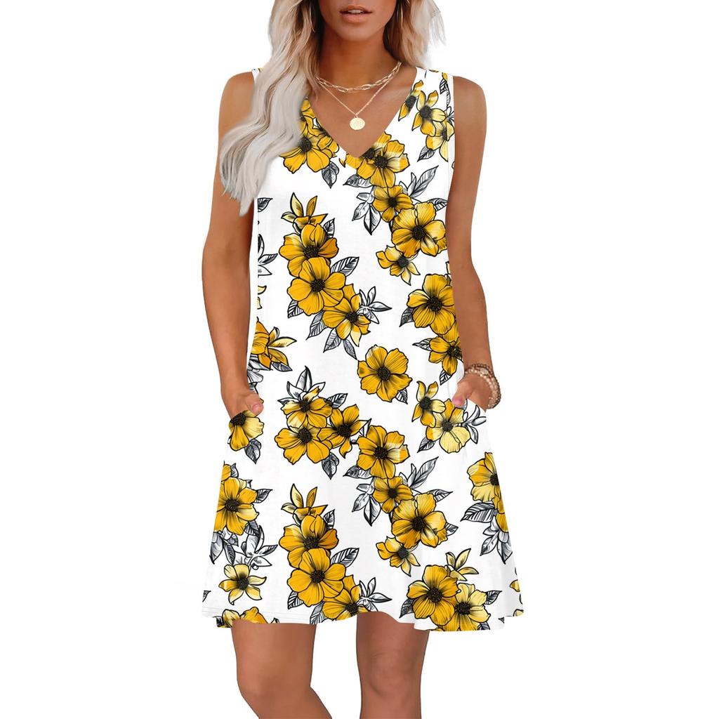 Women's Summer Dresses Loose Fit Printed V Neck Sleeveless Sundresses Beach Hawaiian Dress With Pockets