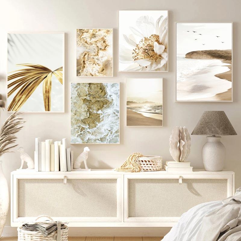 

Скандинавский постер с пляжным пейзажем и золотым листом и принтом, настенное искусство, современный пейзаж, картина на холсте для домашнего декора гостиной