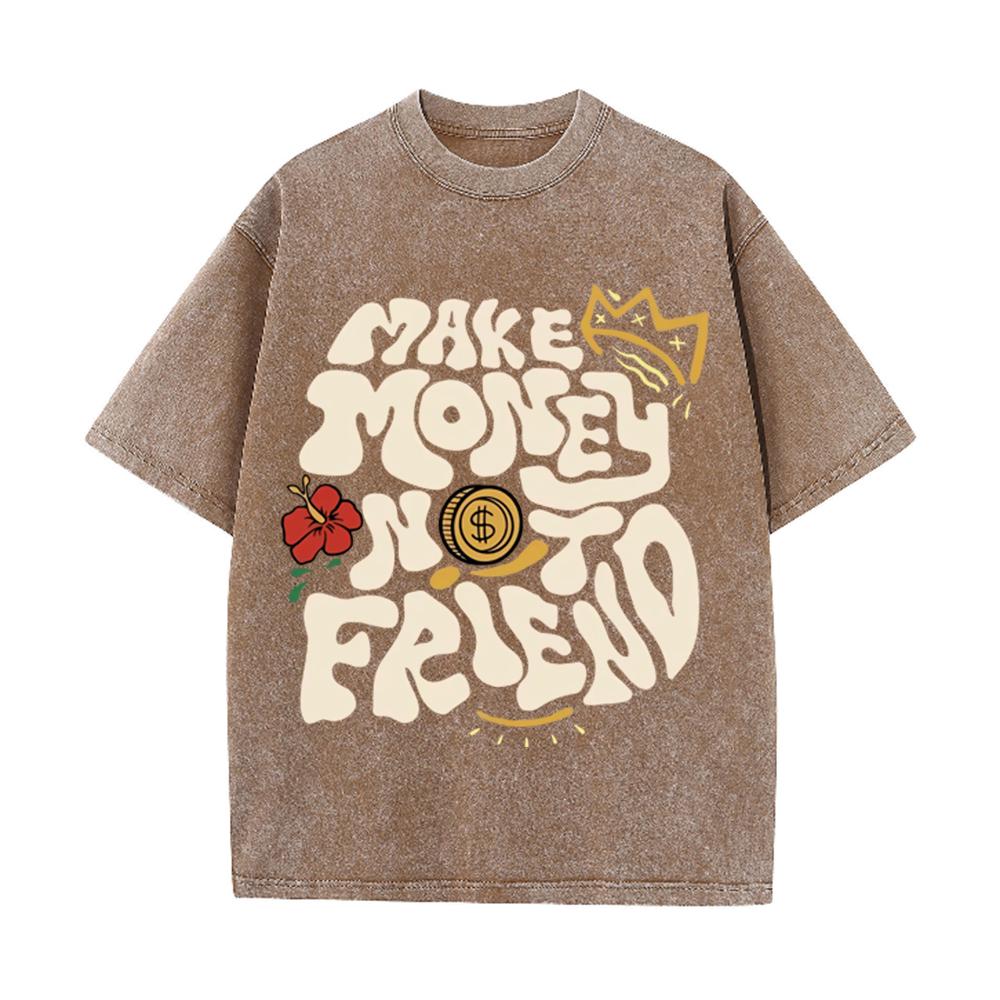 2026 Vintage Washed Black Make Money Not Friend Bubble Letter Graphic T Shirt Crown Coin Floral Oversized Streetwear Short Sleev