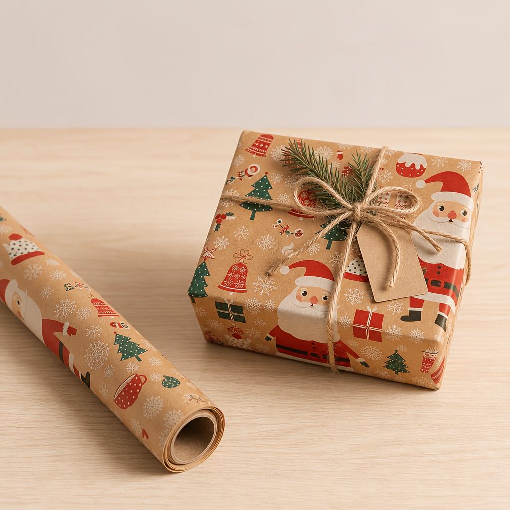 2rolls Classic Vintage Santa Claus Snowflake Pattern Thickened Kraft Leather Gift Wrapping Paper Roll, Natural Color Holiday Gift Paper