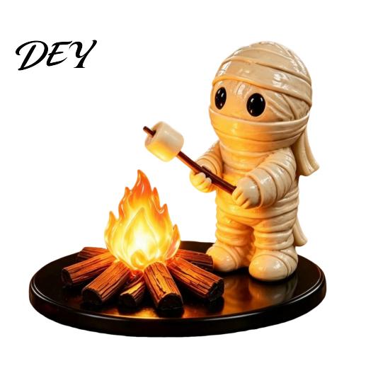 Creative Halloween Party Centerpiece Campfire Tealight Holder, Matte Resin Ghost Mummy Scarecrow Figurine, Stable Cozy Bonfire Effect Nightlight Round