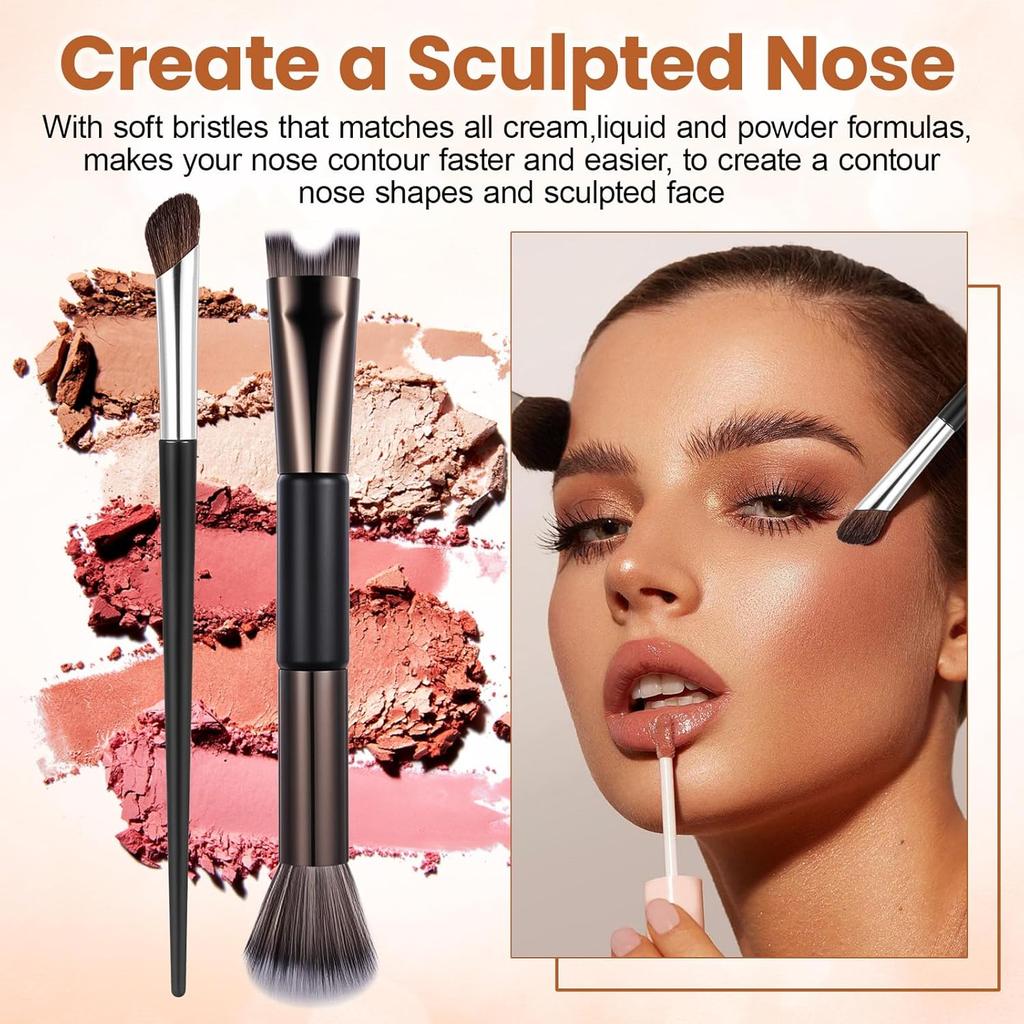 2Pcs Nose Contour Brushes for Makeup Shimmeroo Double-Ended Nose Angled Eye Shadow Contour Brushes for Makeup 2-in-1 U-Shaped Fluffy Brush Contouring