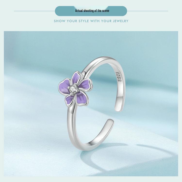 Yinziyun Purple Flower Open Ring for Women – Elegant 925 Sterling Silver Jewelry