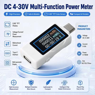 Multifunctional DC Type-C Charging Tester 1.96" TFT DC 1-11V 8A Bidirectional Voltage Current Power Capacity Energy Time Monitor