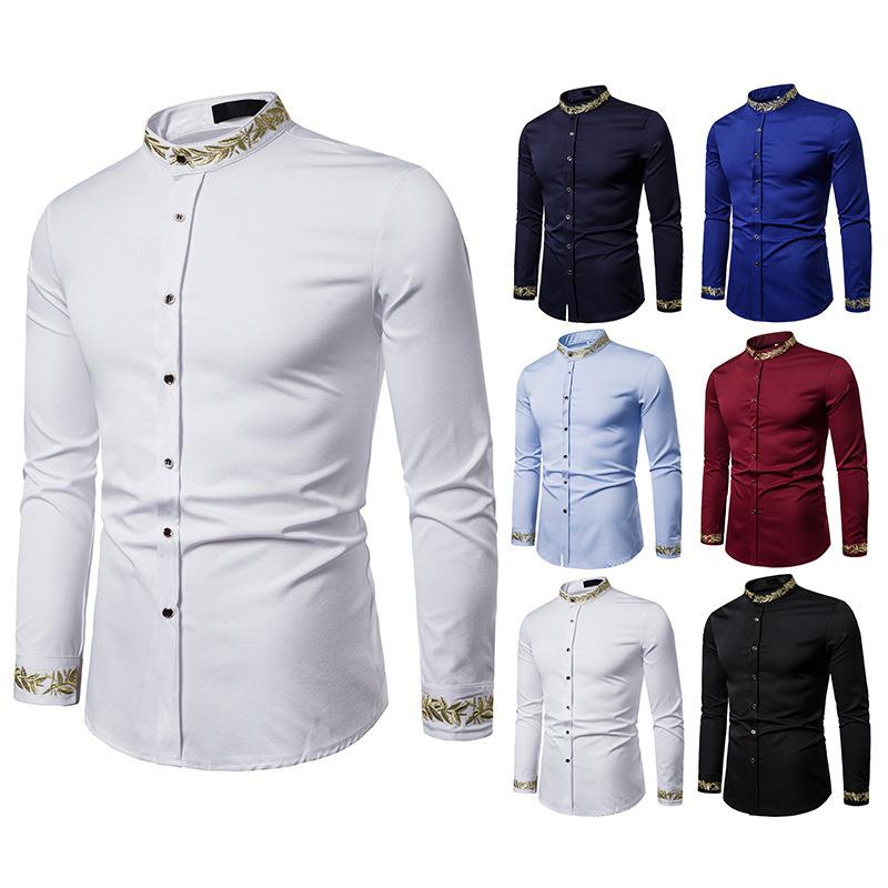 Camisa Casual de Manga Larga con Cuello Alto Bordado de Moda para Hombre Talla Europea