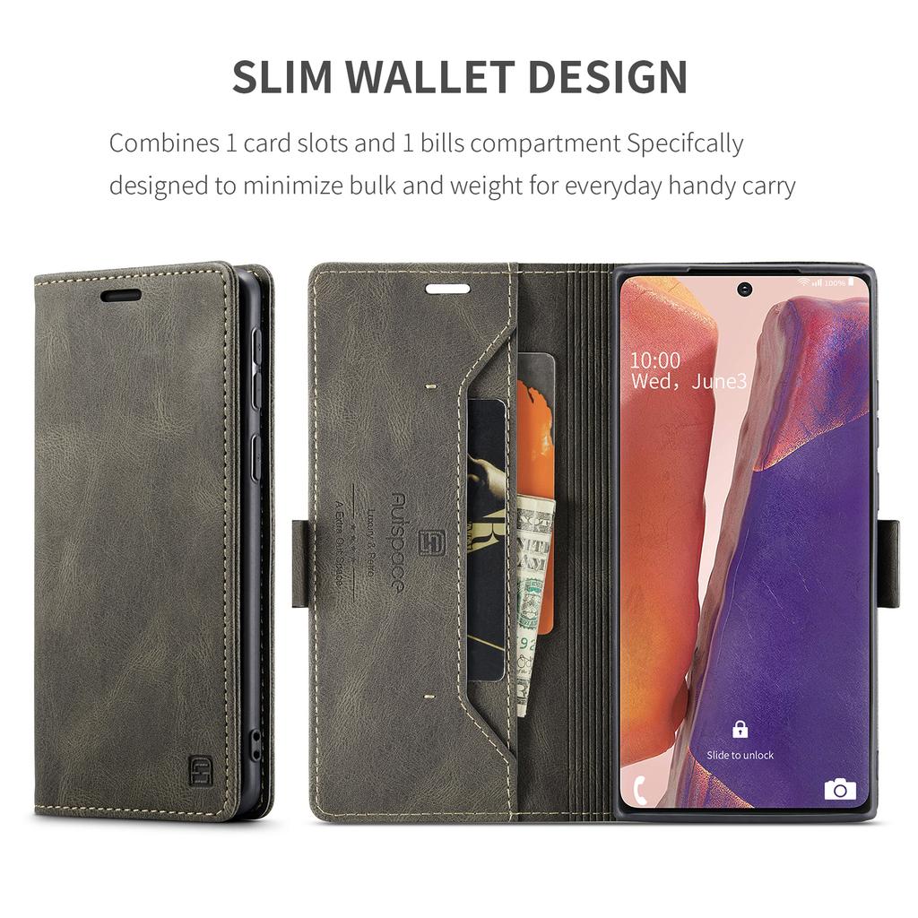 Für Samsung Galaxy Note20 Brieftasche Hülle AUTSPACE A01 Leder Ständerhülle mit RFID-blockierendem Kartenhalter