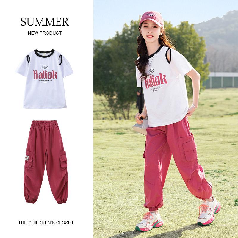 Summer Big Children's Casual Suit Knitted Short-sleeved Girls' Pants Suit