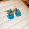 Silver Needle Butterfly Heart Earrings with Blue Gradient Drip - Elegant Autumn/Winter Studs
