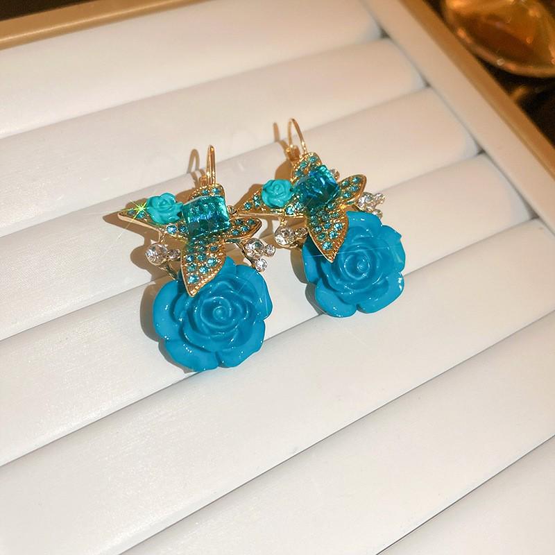Silver Needle Butterfly Heart Earrings with Blue Gradient Drip - Elegant Autumn/Winter Studs
